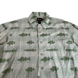 Dick Idol Fish Print Linen Button Front Shirt Mens XL Green Pocket